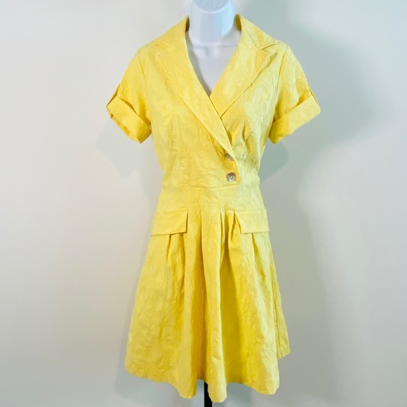 Vintage Yellow Liz Claiborne Embroidered Short Sleeve Belted Wrap Dress Size 6 - Picture 3 of 11